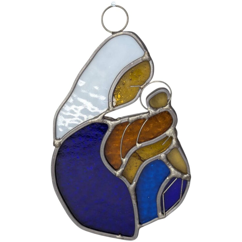 Vintage Leaded Stained Art Glass Virgin Mary & Baby Jesus w/Hanger 6" x 3.5"